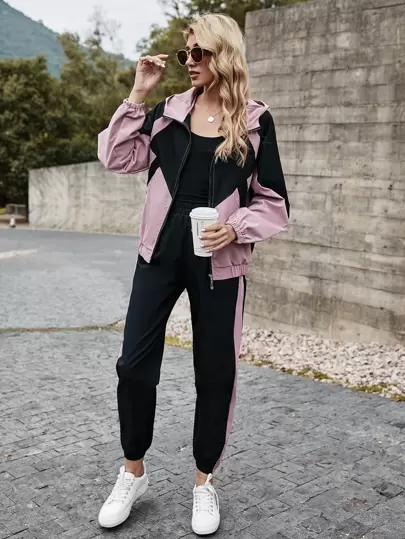 Mulvari de color combinado con capucha con cremallera Cazadora con pantalones deportivos Conjunto