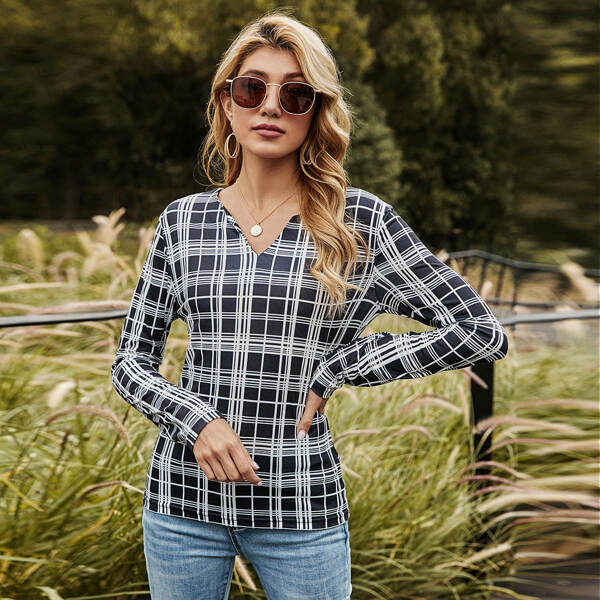 

Plaid Notched Neck Tee, Black and white