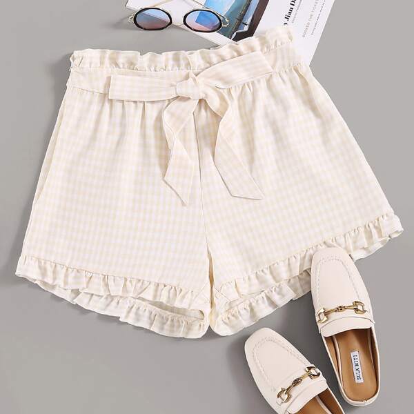 

Gingham Paper Bag Waist Belted Shorts, Yellow