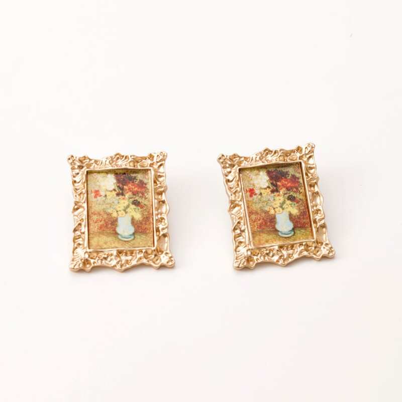 

Floral Oil Painting Drop Earrings, Gold