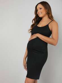 SHEIN Maternity Solid Cami Bodycon Night Dress - Black - View 4