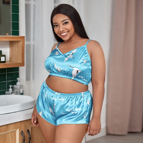 

Plus Crane Print Satin Lingerie Set, Blue