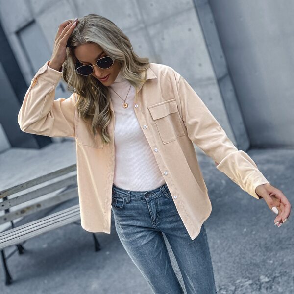 

Corduroy Flap Pocket Button Front Blouse, Apricot