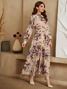 Mulvari Allover Floral Mock Neck Keyhole Back Dress - Multicolor - View 4