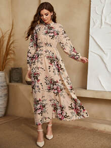 Mulvari Allover Floral Mock Neck Keyhole Back Dress - Multicolor - View 6