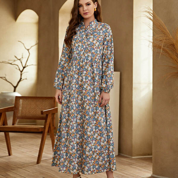 

Allover Floral Half Button Dress, Multicolor