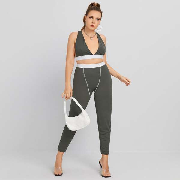 

Plus Cami Top & Stitch Detail Leggings Set, Dark grey