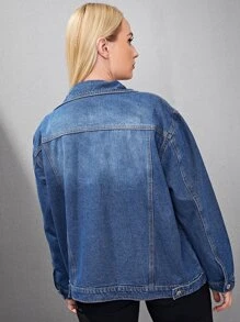 大碼落肩翻蓋細節牛仔夾克 - 中等水洗藍 - 查看 2
