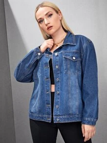 大碼落肩翻蓋細節牛仔夾克 - 中等水洗藍 - 查看 3