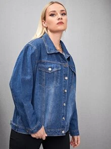 大碼落肩翻蓋細節牛仔夾克 - 中等水洗藍 - 查看 5