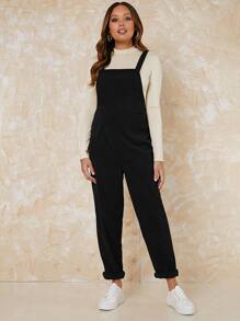 SHEIN Maternity Solid Cord Overalls Without Top - Black - View 3