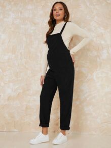 SHEIN Maternity Solid Cord Overalls Without Top - Black - View 4