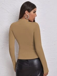 SHEIN Unity Mock Neck Letter Embroidered Tee - Mocha Brown - View 2