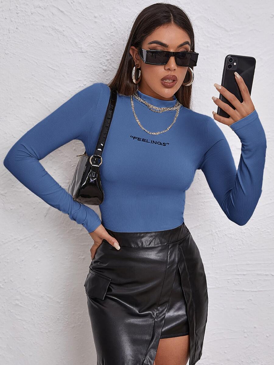 SHEIN Unity Mock Neck Letter Embroidered Rib-knit Tee - Blue - View 1