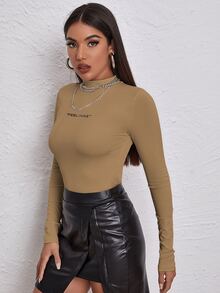 SHEIN Unity Mock Neck Letter Embroidered Tee - Mocha Brown - View 5