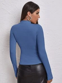 SHEIN Unity Mock Neck Letter Embroidered Rib-knit Tee - Blue - View 2