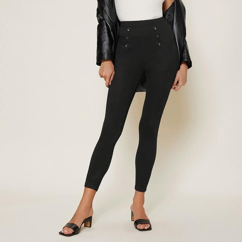 

Double Breasted Rib-knit Fitted Pants, Black
