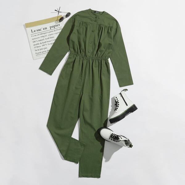 

Solid Elastic Waist Shirt Jumpsuit, Army green
