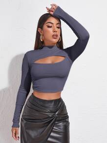 SHEIN SXY 女士长袖镂空T恤 - 藍色 - 查看 1
