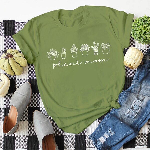 

Plants & Letter Graphic Tee, Olive green