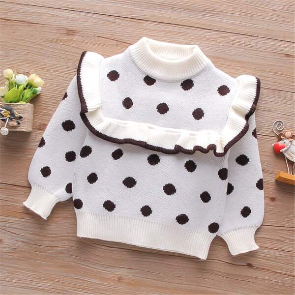 

Toddler Girls Polka Dot Ruffle Trim Sweater, White