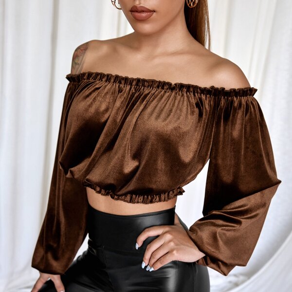 

Velvet Frill Trim Bishop Sleeve Bardot Top, Coffee brown