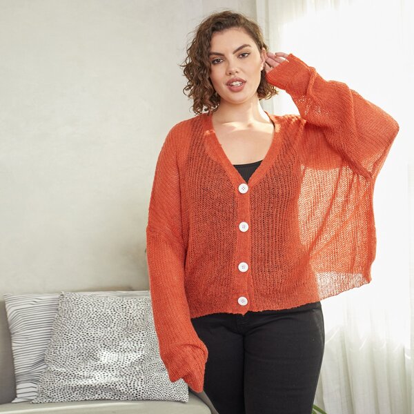 

Plus Letter Embroidery Oversized Cardigan, Burnt orange