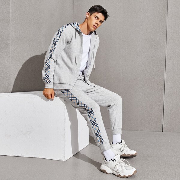

Men Zip Up Plaid Panel Hoodie & Sweatpants Set, Light grey