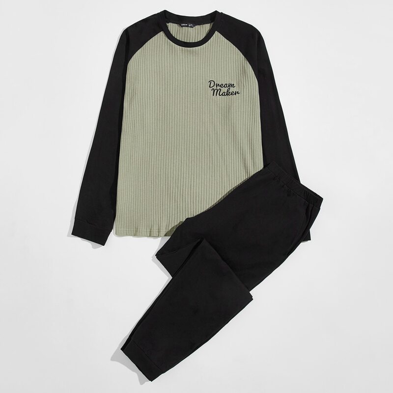 

Guys Letter Embroidery Two Tone Top & Pants PJ Set, Multicolor