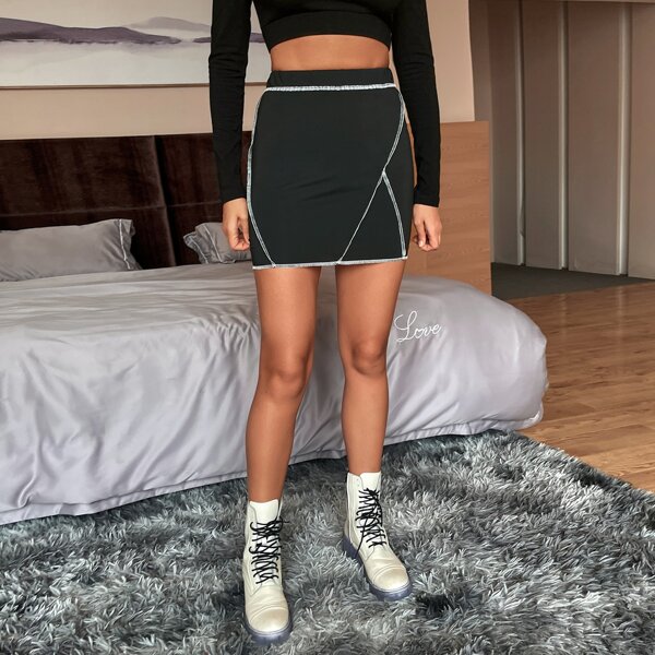 

Contrast Stitch Mini Bodycon Skirt, Black