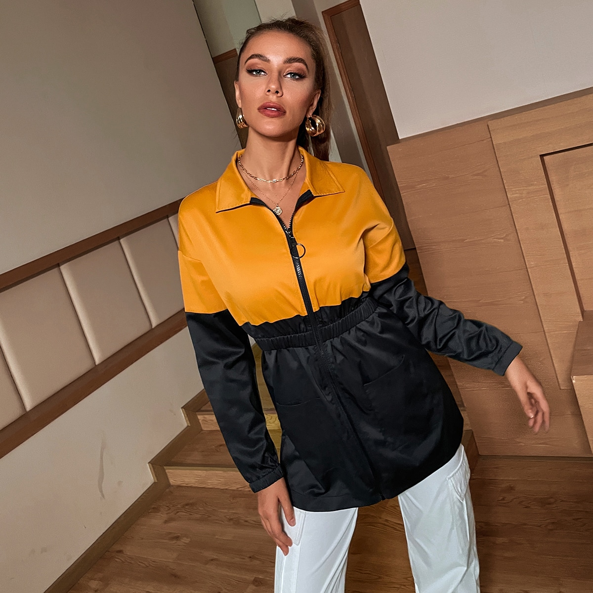 Image of Colourblock Elastic Waist Windbreaker Jacket