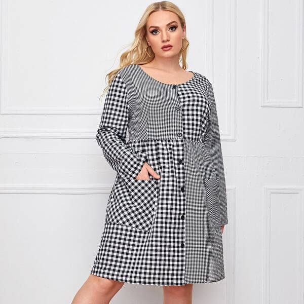 

Plus Single Breasted Pocket Front Spliced Gingham Dress, Black and white
