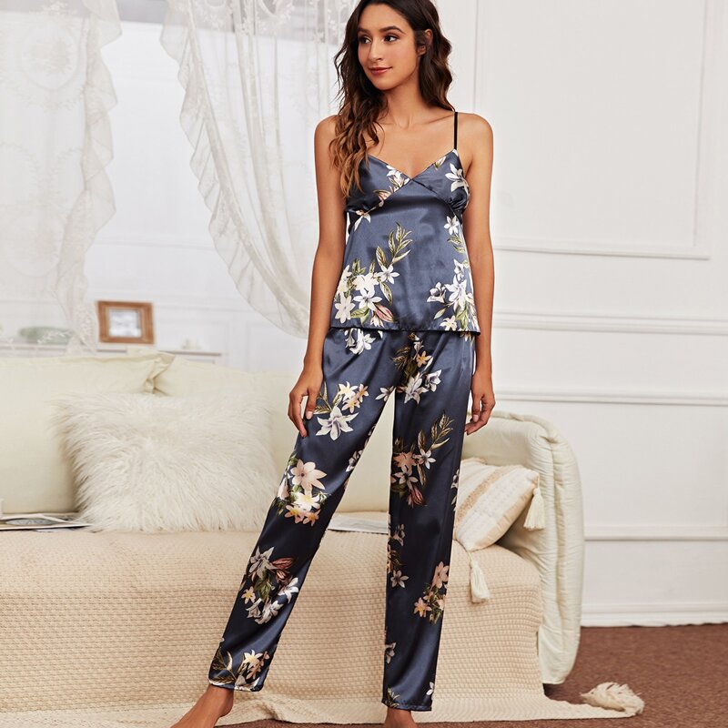 

Floral Print Satin Cami Night Set, Dusty blue