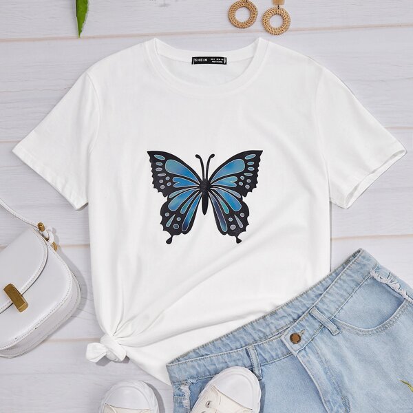 

Butterfly Print Round Neck Tee, White