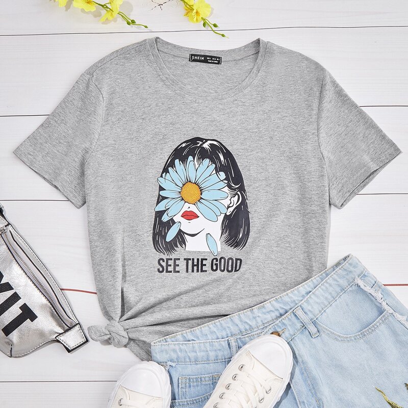 

Slogan & Figure Graphic Tee, Light grey