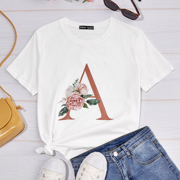 

Letter & Floral Print Round Neck Tee, White