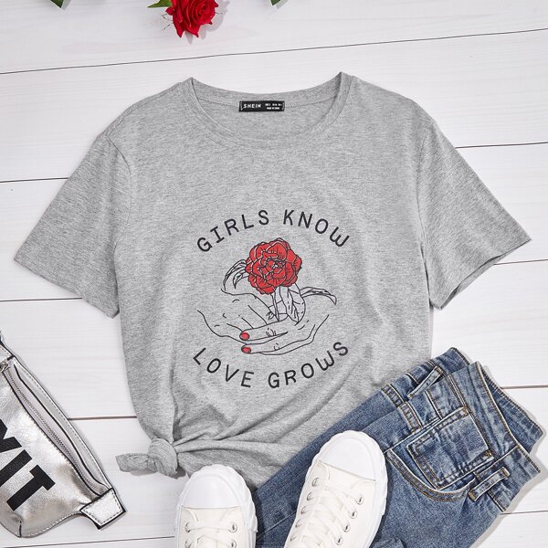 

Slogan & Floral Graphic Round Neck Tee, Grey