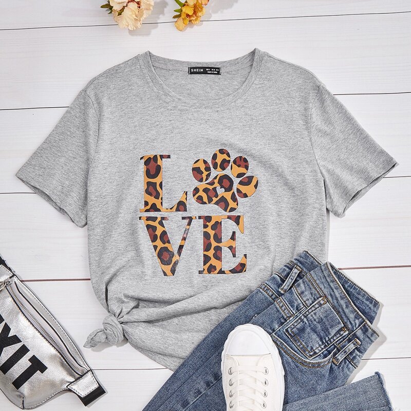 

Leopard Letter Round Neck Tee, Grey