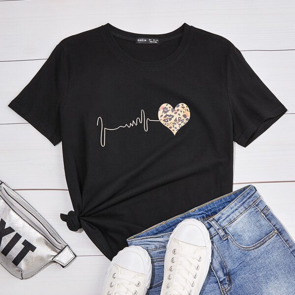 

Heart Print Round Neck Tee, Black