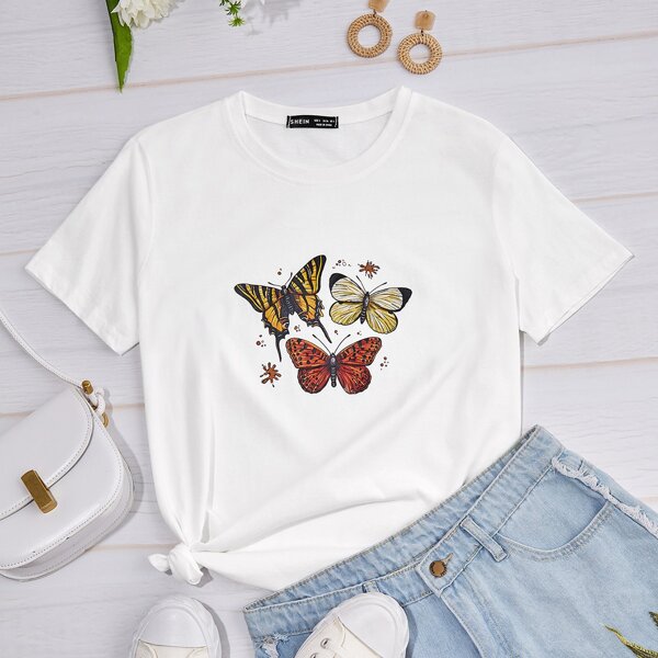 

Butterfly Print Round Neck Tee, White