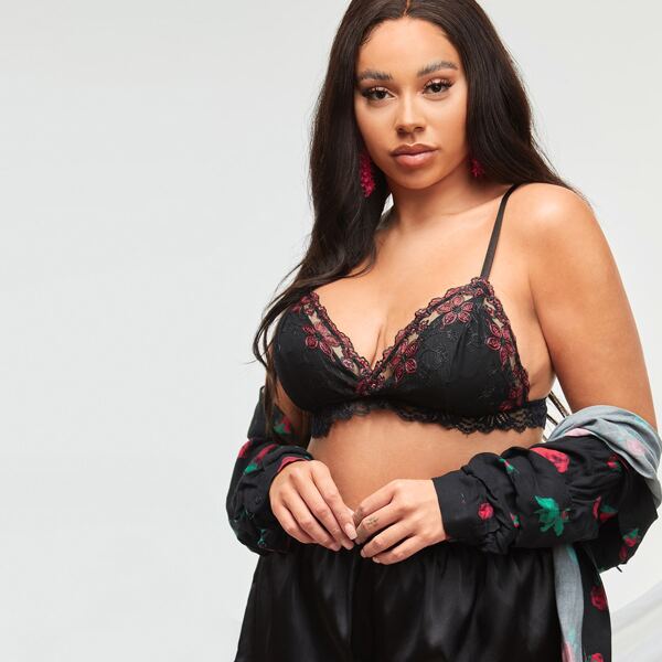 

Plus Embroidered Mesh Bralette, Black