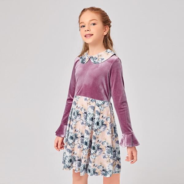 

Girls Peter Pan Collar Velvet Bodice Floral Dress, Multicolor