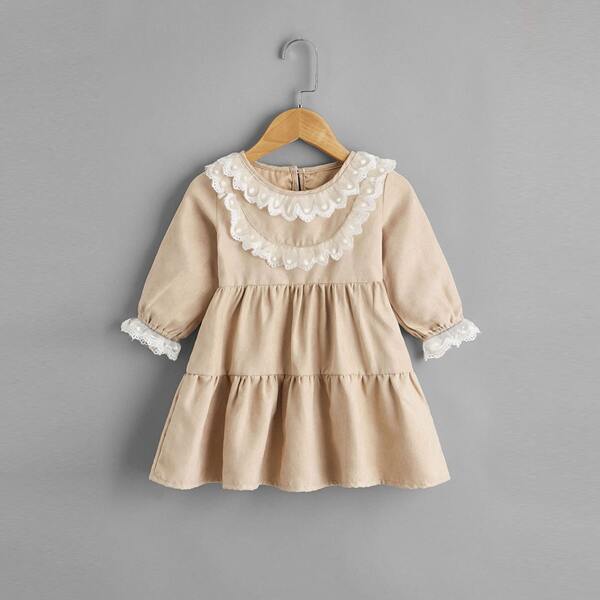 

Baby Girl Suede Contrast Lace Trimed Smock Dress, Khaki