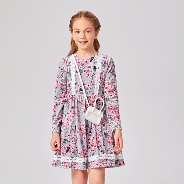 

Girls Lace Detail Floral Print Dress, Multicolor