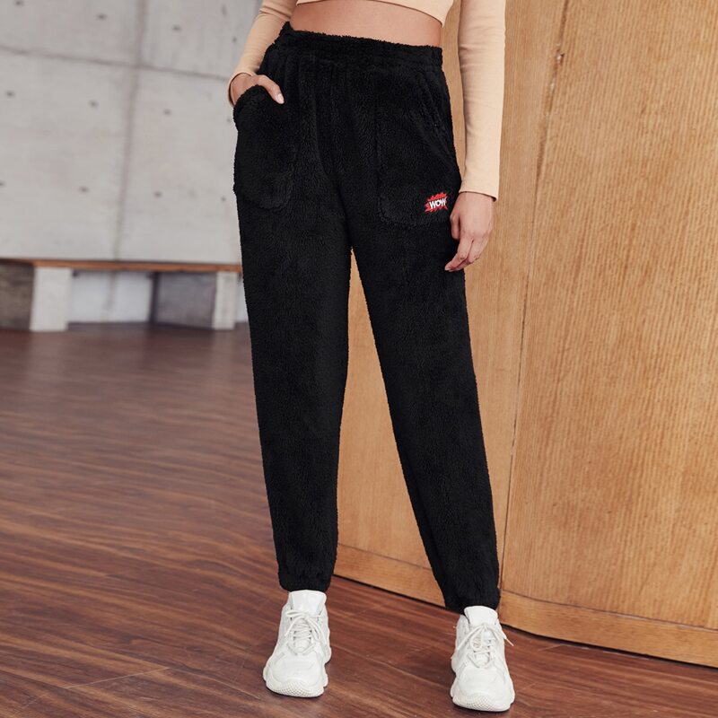 

Letter Embroidery Slant Pocket Teddy Pants, Black