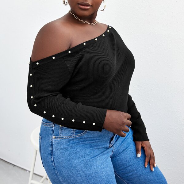 

Plus Asymmetrical Neck Pearls Beaded Rib-knit Sweater, Black