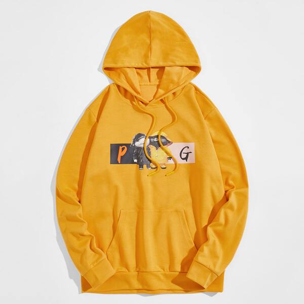 

Men Cartoon Graphic Kangaroo Pocket Drawstring Hoodie, Mustard yellow