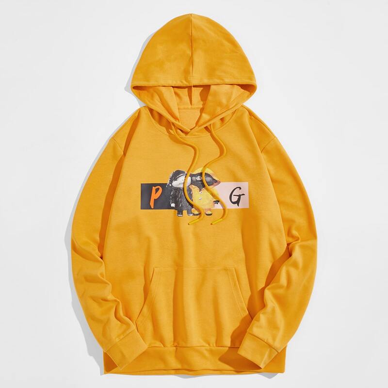

Guys Cartoon Graphic Kangaroo Pocket Drawstring Hoodie, Mustard yellow