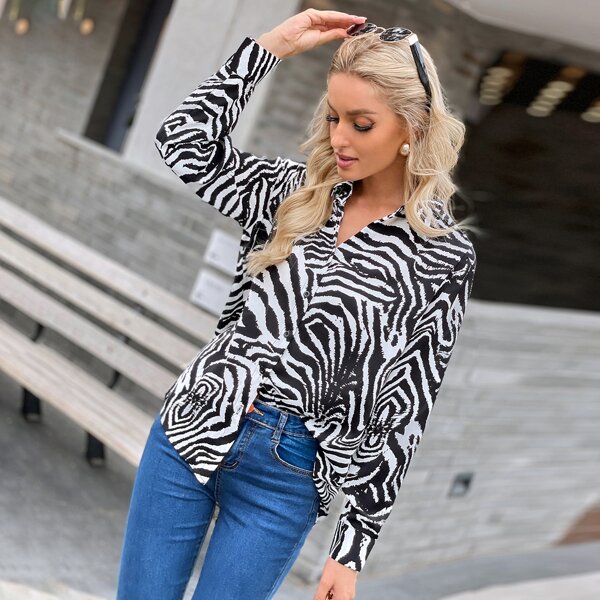 

Zebra Striped Button Up Blouse, Black and white