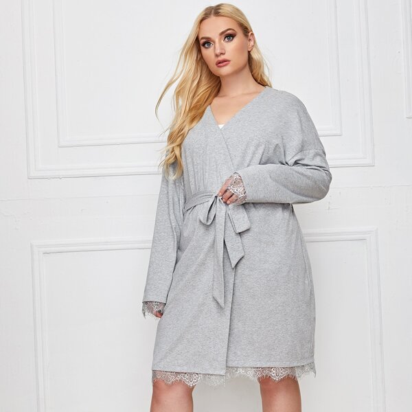 

Plus Eyelash Lace Trim Belted Robe, Light grey